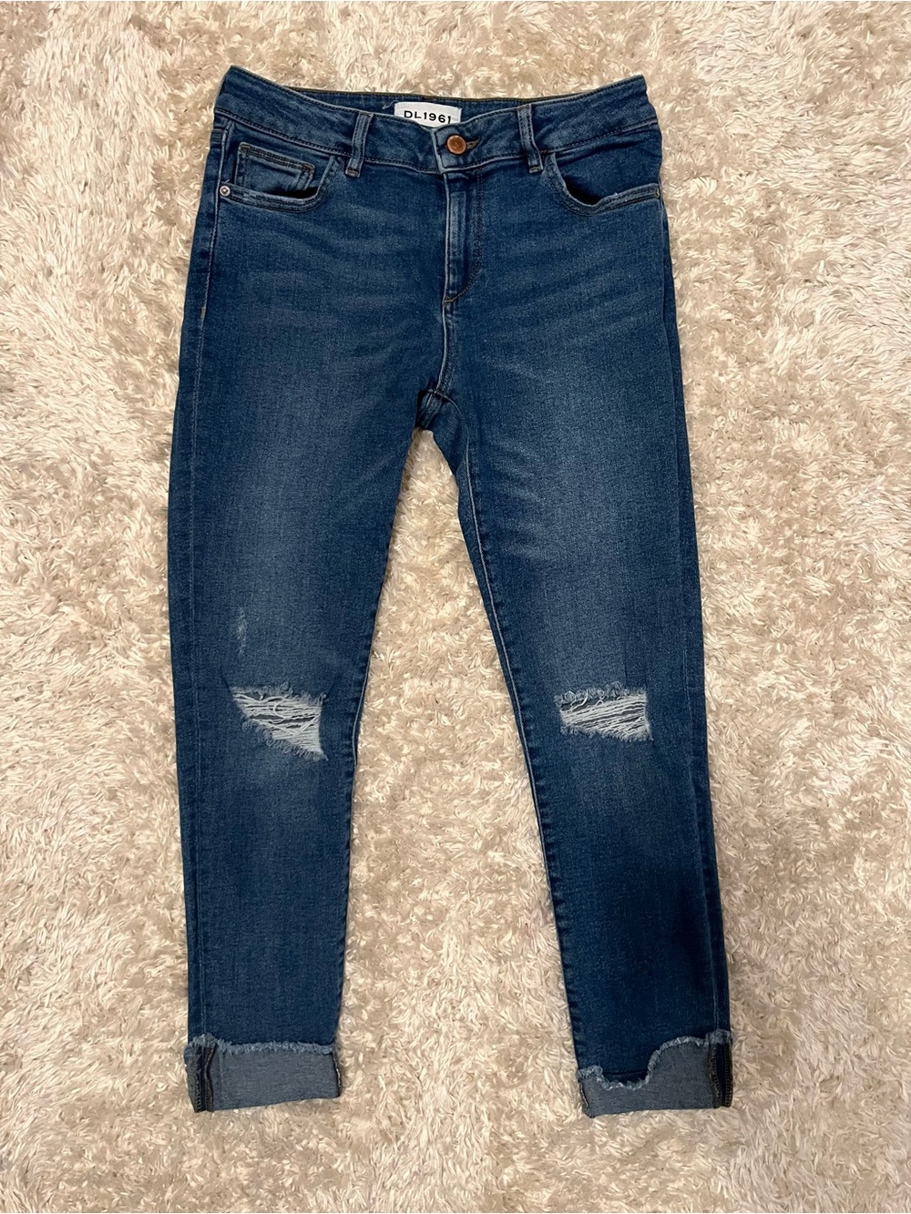 DL1961 Dark Florence Blue Distressed Ankle Skinny Jeans